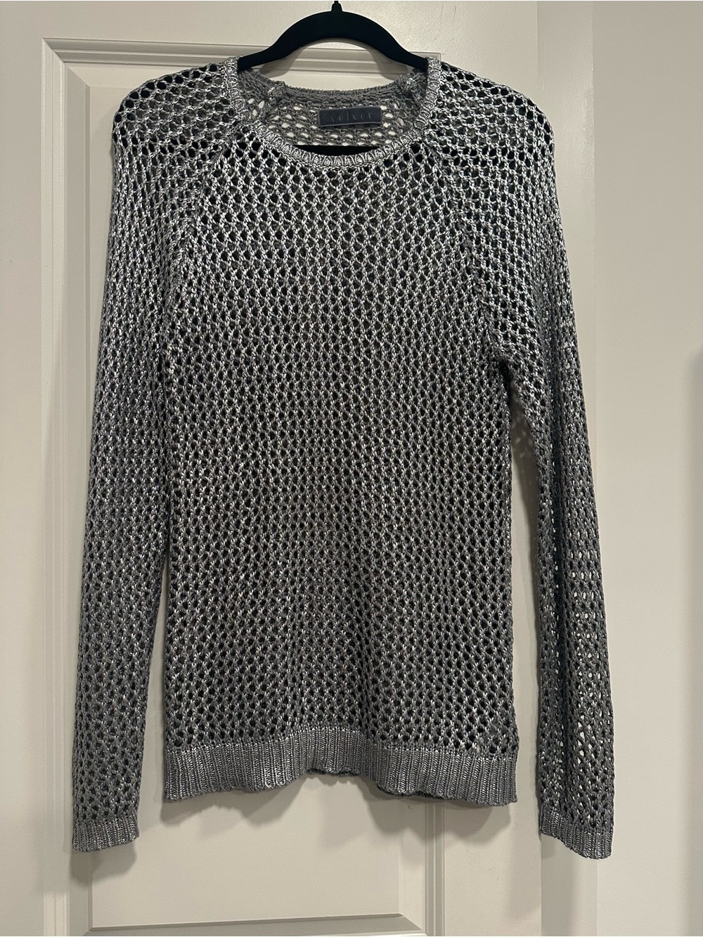 Velvet Metallic Silver Open Knit Sweater Silk Blend Size S